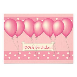 100th Birthday Party Invitation, Pink Balloons