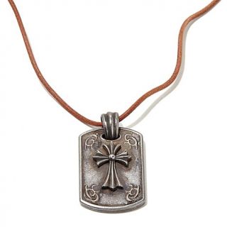 Men's Antiqued Stainless Steel Cross Dog Tag Pendant with Leather Cord