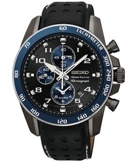 Seiko Watch, Mens Chronograph Sportura Black Leather Strap 42mm SNAF37   Watches   Jewelry & Watches