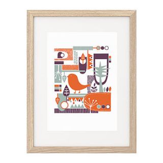 folk inspired bird in forest screen print by bubble and tweet