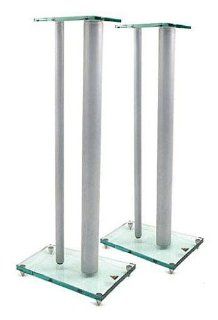 Contemporary Speaker Stands w Clear Glass Plates & Round Silver Tone Posts   Millennium   Home Speaker Stands