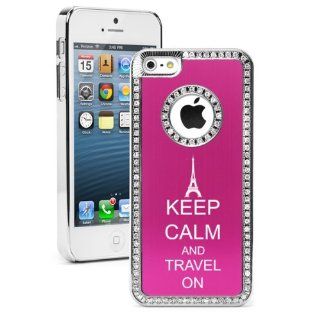 Apple iPhone 5 5S Hot Pink 5S1377 Rhinestone Crystal Bling Aluminum Plated Hard Case Cover Keep Calm and Travel On Eiffel Tower Cell Phones & Accessories