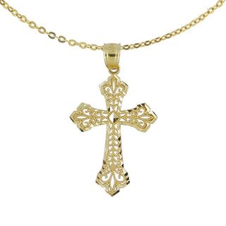 14k Yellow Gold Filigree & Diamond cut Cross Pendant Gold Necklaces
