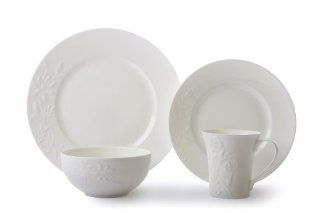 222 5th Romance 16 Piece Round Dinnerware Set, Service for 4, White, Sculpted Kitchen & Dining