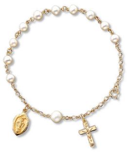 14k Gold Pearl Cross Medal Bracelet   Bracelets   Jewelry & Watches