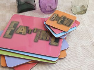 melamine typography placemats and coasters by judy holme