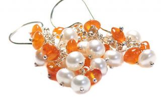 pearl carnelian cluster earrings in silver by prisha jewels