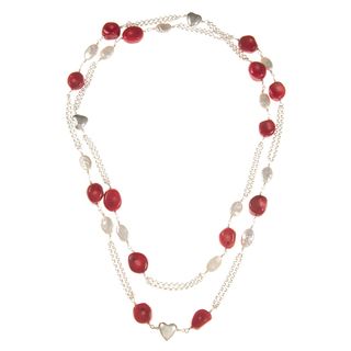 Sterling Silver FW Pearl and Red Coral Heart Station Necklace (7 8 mm) Pearl Necklaces