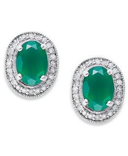 Sterling Silver Earrings, Green Agate (1 3/8 ct. t.w.) and Diamond (1/6 ct. t.w.) Oval Stud Earrings   Earrings   Jewelry & Watches