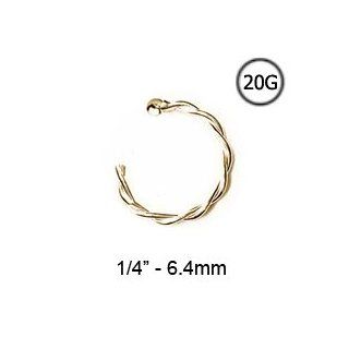 14KT Yellow Gold Open Nose Hoop Ring Twisted Wire 1/4"   6.4mm 20G Body Piercing Rings Jewelry