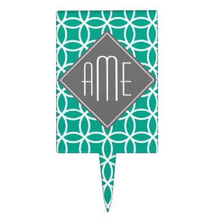 Emerald Geometric Pattern with Monograms Cake Topper