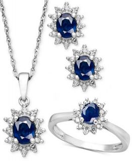 Sterling Silver Jewelry Set, Sapphire (1 1/2 ct. t.w.) and Diamond (1/3 ct. t.w.) Pendant, Earring, and Ring Set   Jewelry & Watches