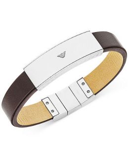 Emporio Armani Stainless Steel and Brown Leather Logo Plaque Bracelet   Fashion Jewelry   Jewelry & Watches