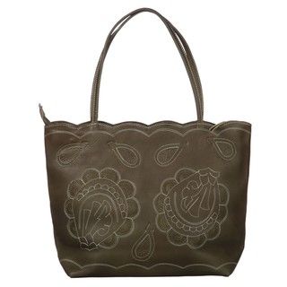 Leather Flower Breeze Olive Green Tote Bag (Paraguay) Tote Bags