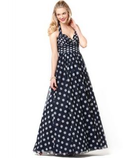Adrianna Papell Dress, Halter Empire Waist Polka Dot Printed Evening Gown   Dresses   Women