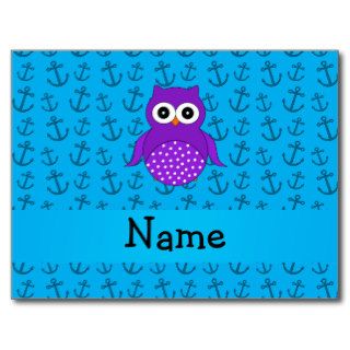 Personalized name owl blue anchors pattern post card