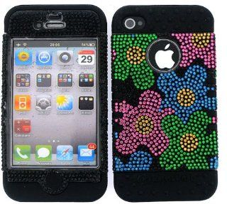 APPLE IPHONE 4 4S COLORFUL FLOWERS HEAVY DUTY CASE + BLACK GEL SKIN SNAP ON PROTECTOR ACCESSORY Cell Phones & Accessories