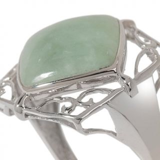 Sterling Silver Angled Cushion Cut Green Jade Ring with Ornate Scrolling