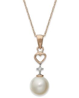 14k Rose Gold Necklace, Cultured Freshwater Pearl (8 1/2mm) and Diamond Accent Heart Pendant   Necklaces   Jewelry & Watches