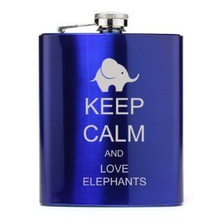 Blue 7oz Stainless Steel Hip Flask FS194 Keep Calm and Love Elephants Kitchen & Dining