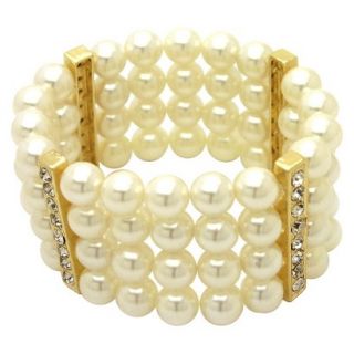 Womens 4 Row Simulated Pearl Stretch Bracelet with Pave Bar Spacers  