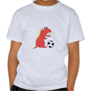 Funny Cartoon Dinosaur Playing Soccer Kids T Shirt