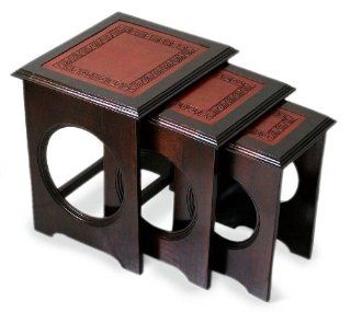 Leather and wood stack tables, 'Three Centuries' (set of 3)   Nesting Tables