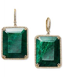 14k Gold Earrings, Dyed Green Corundum Sapphire (61 ct. t.w.) and and Diamond (3/4 ct. t.w.) Rectangle Drop Earrings   Earrings   Jewelry & Watches