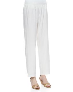 Womens Linen Slim Pants, White, Petite   Go Silk