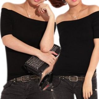 LOCOMO Women Off Shoulder Short Sleeve Lycra Casual Tee Tank Top CMC182 BK Black Tank Top And Cami Shirts Clothing
