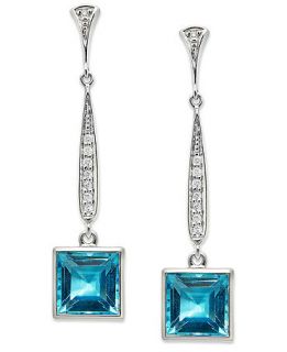 Sterling Silver Earrings, Blue Topaz (9 ct. t.w.) and Diamond (1/6 ct. t.w.) Square Drop Earrings   Earrings   Jewelry & Watches