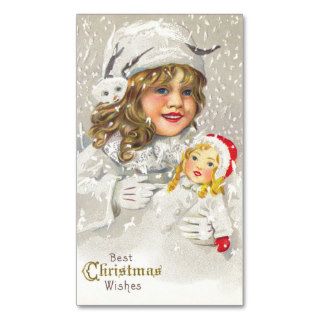 Vintage Christmas Victorian Girl with Doll in Snow Business Card