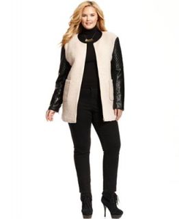 Angie Plus Size Faux Leather Sleeve Zip Front Coat   Coats   Plus Sizes