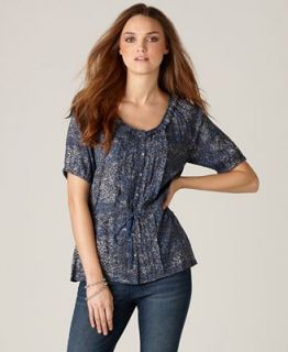 DKNY Jeans Top, Short Sleeve Pleated Floral Print Scoopneck   Tops   Women