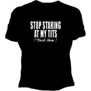 Stop Starring At My Tits Girls T Shirt (Black) #173 (Girls X Large) Clothing