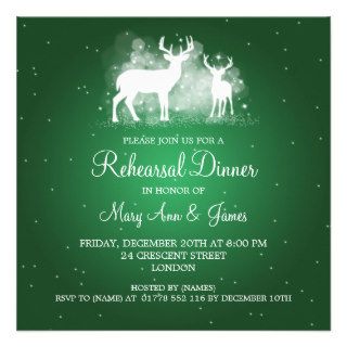Wedding Rehearsal Dinner Winter Deer Sparkle Green Custom Invites