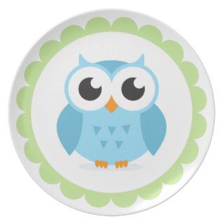 Cute blue owl cartoon inside green border plates