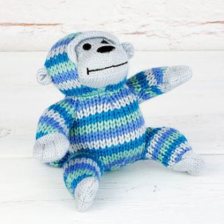 knitted blue monkey rattle by the 3 bears one stop gift shop