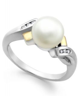 14k Rose Gold Ring, Cultured Freshwater Pearl (10mm) and Diamond (1/5 ct. t.w.) Leaf Ring   Rings   Jewelry & Watches