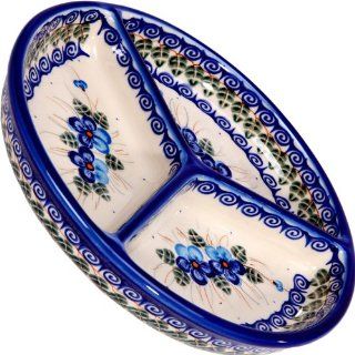 Polish Pottery Ceramika Boleslawiec,  0727/162, Mercedes Divided Platter, 10 3/4 Inches in Diameter, Royal Blue Patterns with Blue Pansy Flower Motif Kitchen & Dining