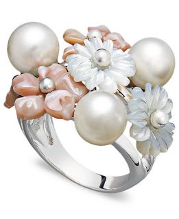 Pearl Ring, Sterling Silver Mother of Pearl and Cultured Freshwater Pearl Flower Ring   Rings   Jewelry & Watches