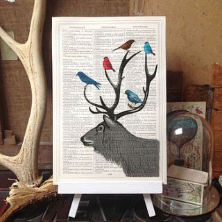 antique dictionary stag deer and birds print by roo abrook