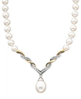 14k Gold Necklace, Cultured Freshwater Pearl and Diamond Bow (1/4 ct. t.w.)   Necklaces   Jewelry & Watches