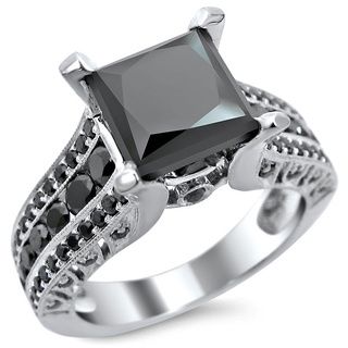 14k White Gold 3ct TDW Certified Princess Cut Black Diamond Ring Engagement Rings
