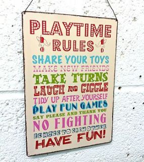 'playtime rules' hanging metal sign by the little picture company