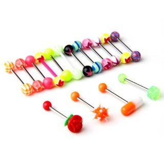 16pcs 316L Surgical Steel Assorted 14 Guage Rose Dice UV Tongue Ring Nipple Bar Barbell Ball Body Piercing Rings Jewelry