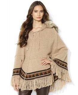 Lauren Jeans Co. Fringed Faux Fur Trim Hooded Poncho   Sweaters   Women