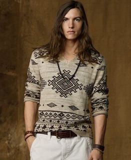 Denim & Supply Ralph Lauren Sweater, Long Sleeve V Neck Tribal Print Pullover   Sweaters   Men