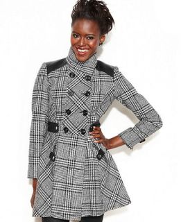 GUESS Double Breasted Plaid A Line Coat   Coats   Women