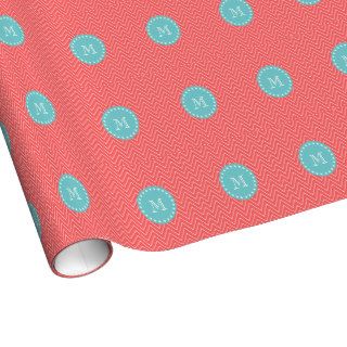 Coral Chevron Pattern  Teal Monogram Gift Wrapping Paper